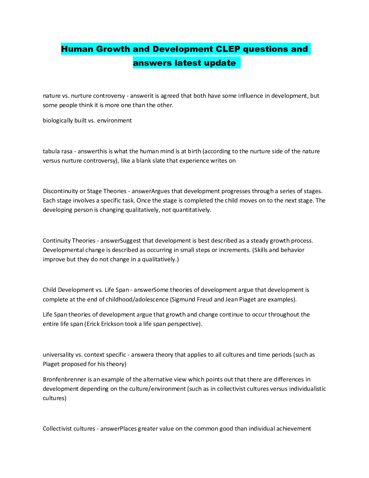 Human Growth and Development CLEP questions and answers latest update